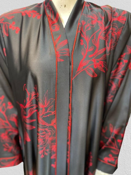 Midnight Rose and front piping Open Abaya luxury Design.